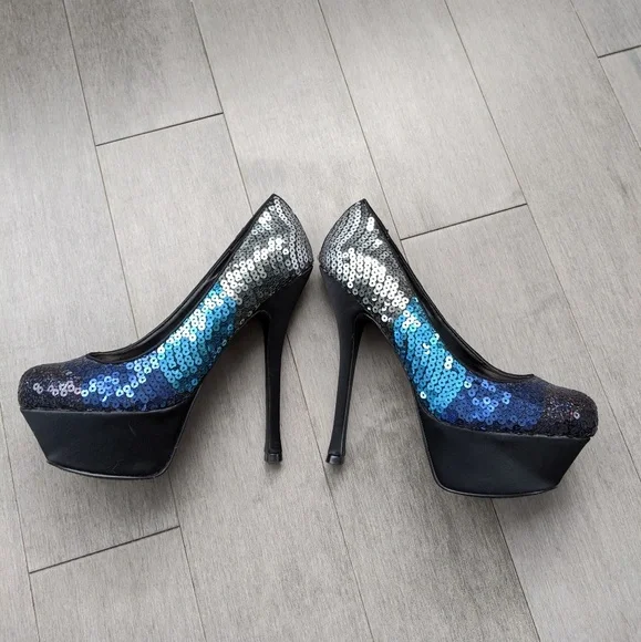 Steve Madden blue sequins platform heels sz 8.5 - Picture 3 of 8